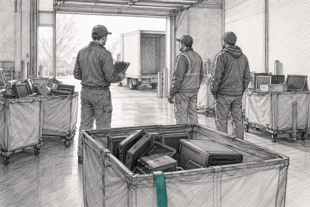 E-waste collection crew at commercial loading dock