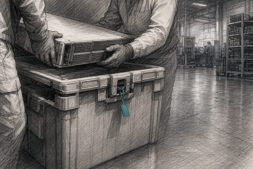 Technicians transferring server equipment for recycling