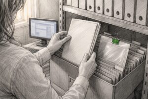Hands organizing e-waste compliance records