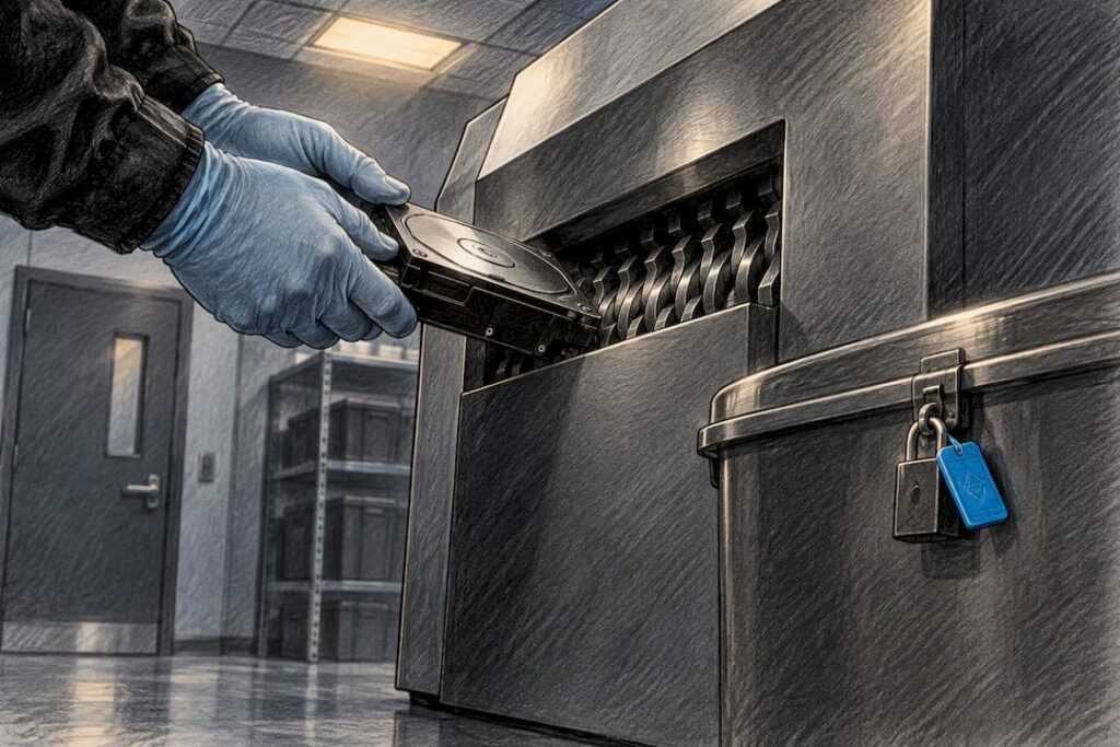 Anonymous storage drive entering destruction equipment