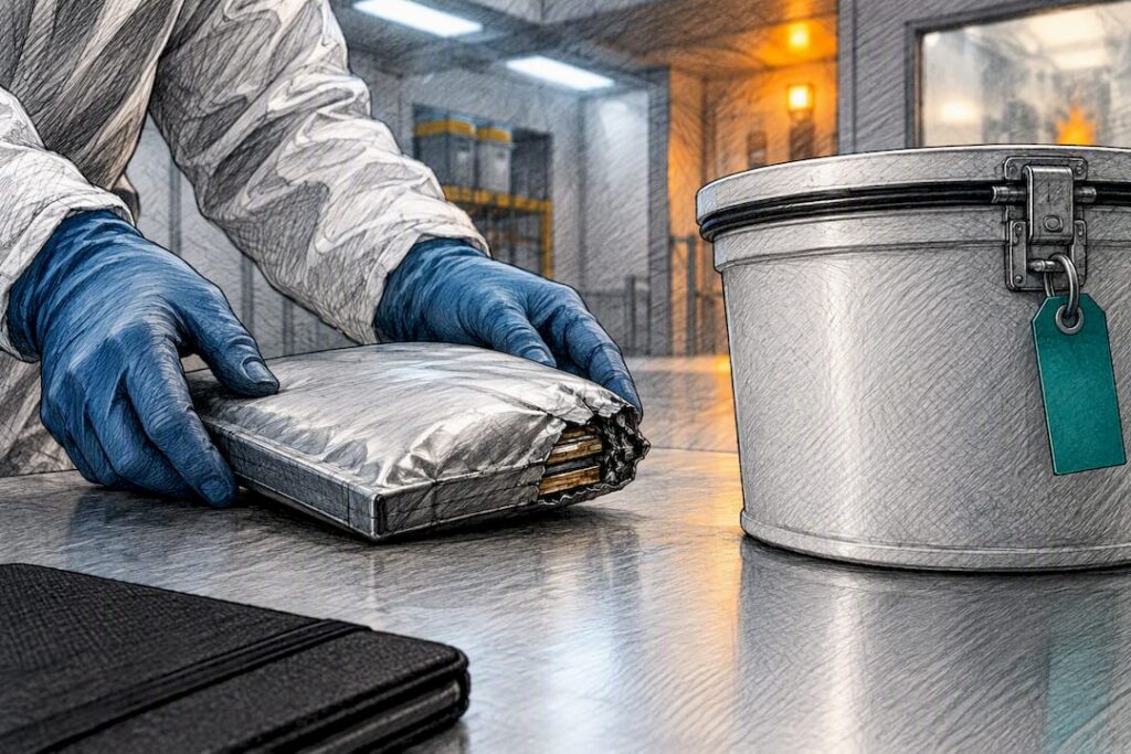 Technician isolating damaged lithium battery