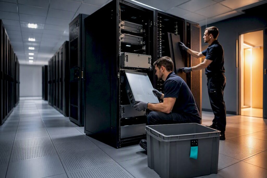 Técnicos desarmando un rack en el centro de datos