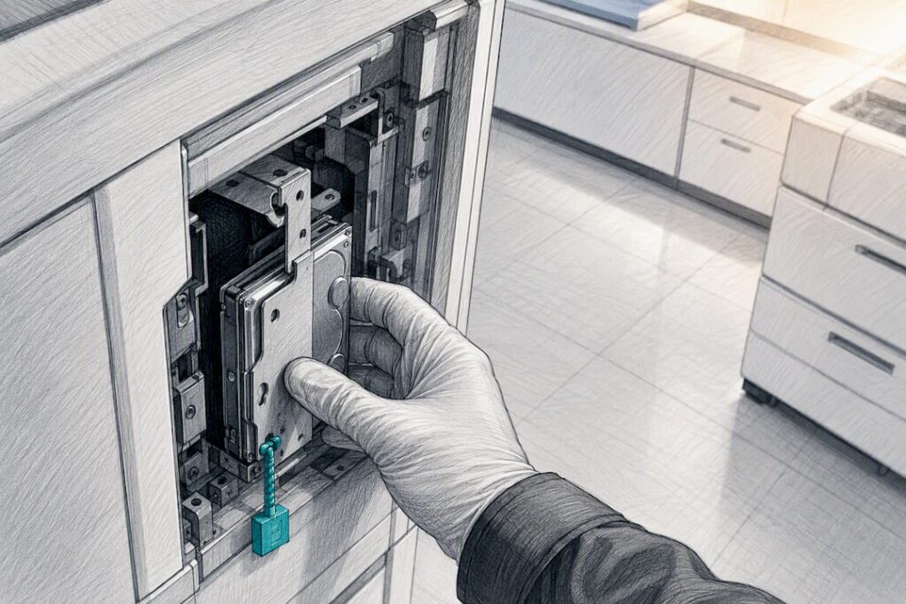 Technician securing an anonymous copier hard drive