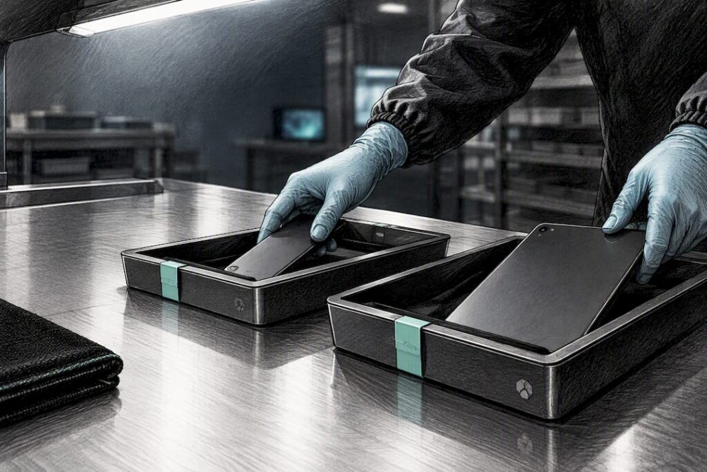Technician preparing mobile devices for sanitization