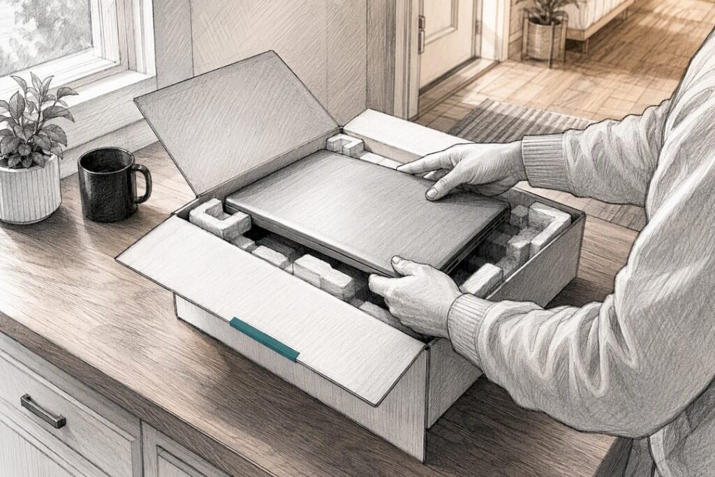 Hands packing an anonymous laptop for return