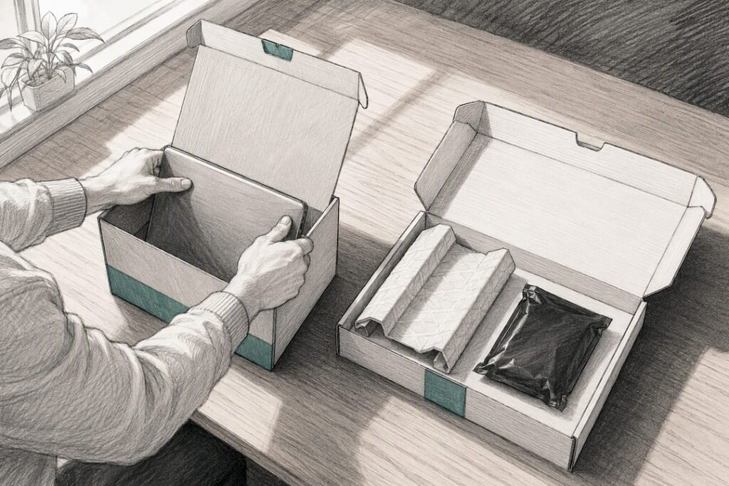 Hands preparing an anonymous laptop return kit