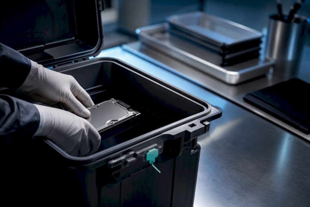 Técnico guarda un dispositivo de almacenamiento en un contenedor seguro