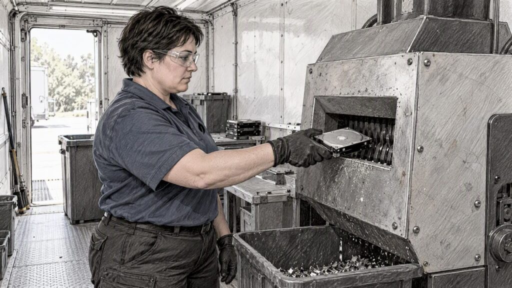 Technician destroying hard drive onsite
