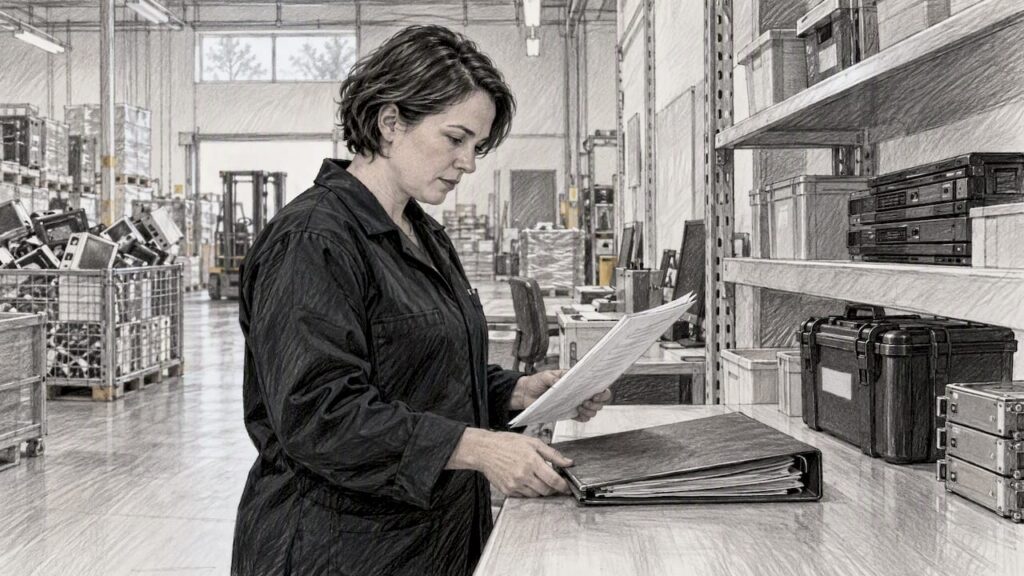 Compliance manager reviewing e-waste audit records