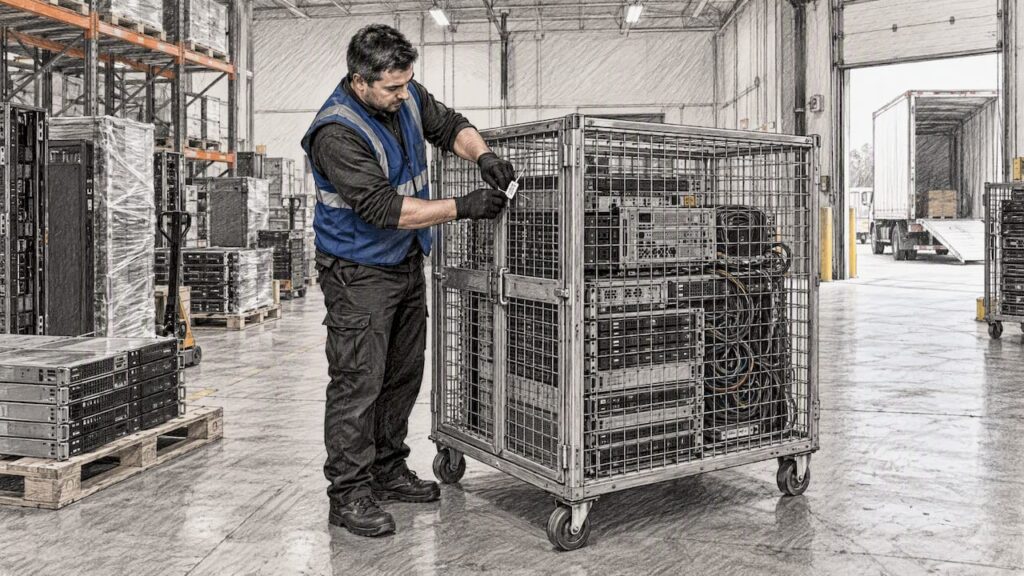 Technician securing retired server equipment