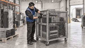 Technician securing retired server equipment