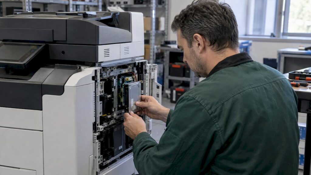 Técnico revisa el disco interno de una multifunción