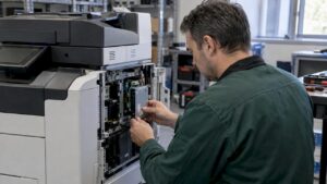 Técnico revisa el disco interno de una multifunción