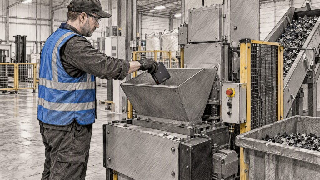Operator feeding LTO tape into destruction machine