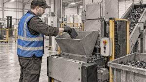 Operator feeding LTO tape into destruction machine