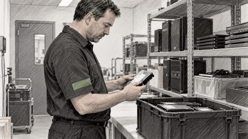 Technician checking a retired drive’s asset tag