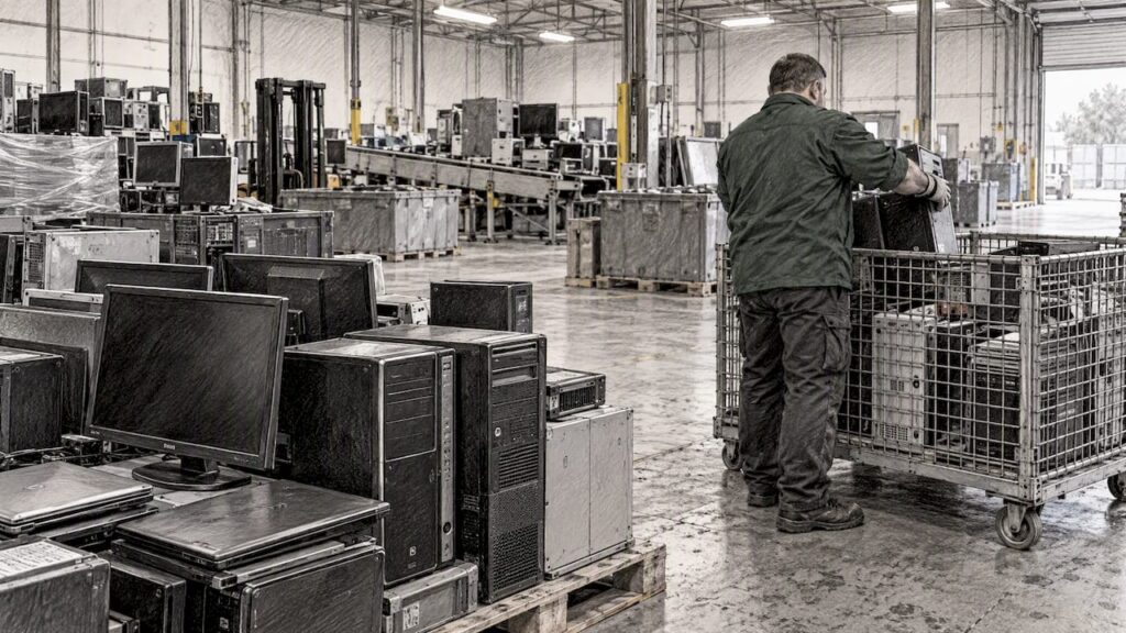 Retired office electronics staged for recycling