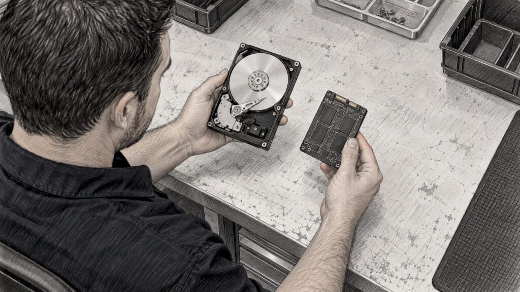 IT manager comparing hard drive and SSD