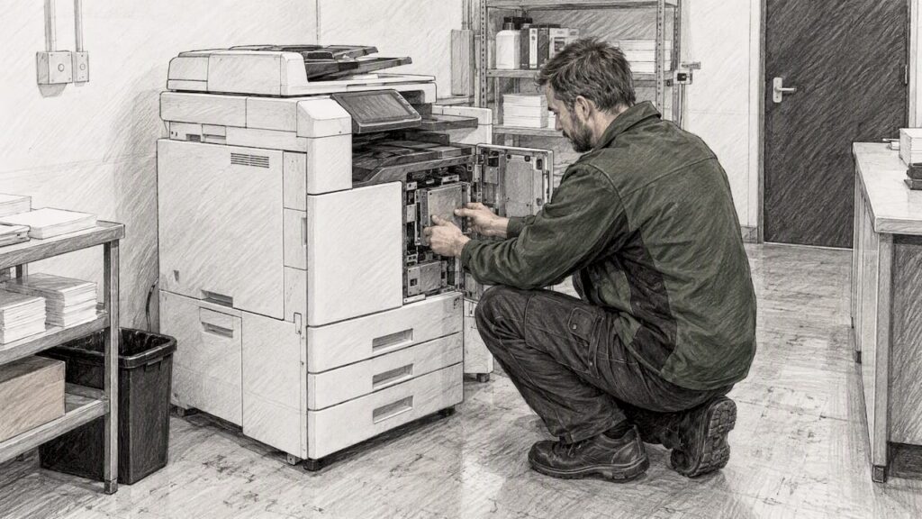 Technician inspecting storage inside an office copier