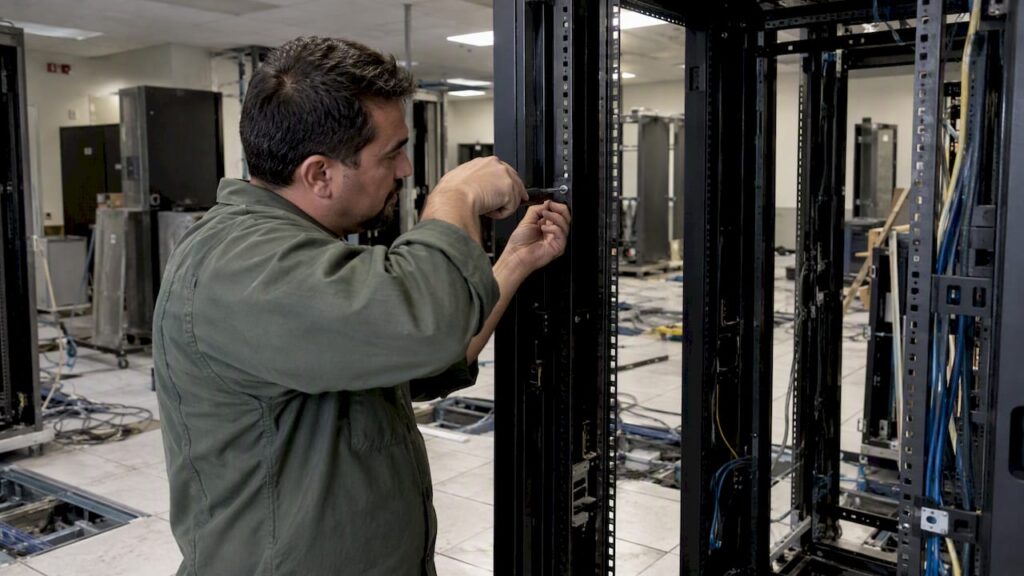 Un técnico desmonta un rack metálico vacío