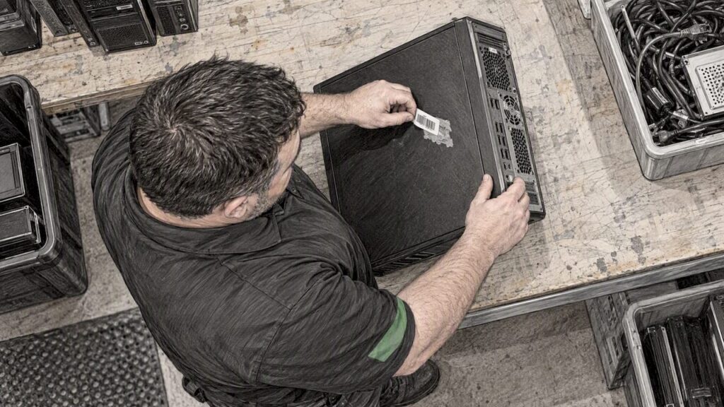Technician peeling tag from desktop computer