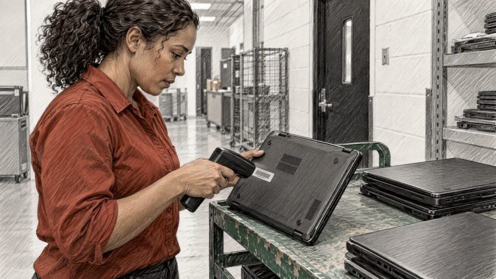 Technician scans a retired laptop serial label