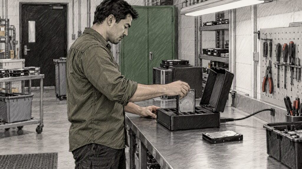 Technician connects a drive to sanitization dock