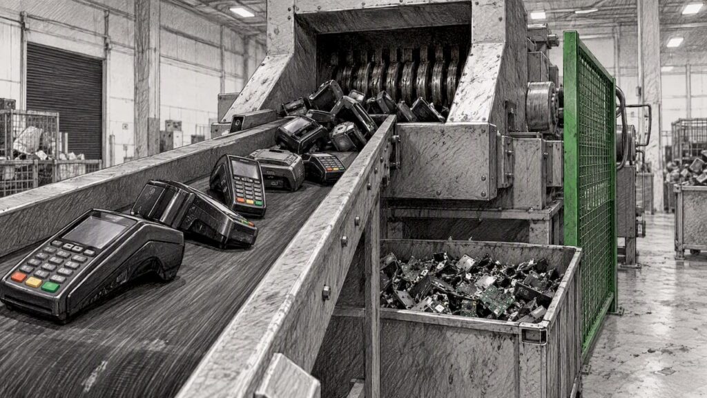 POS terminals beside an industrial destruction shredder