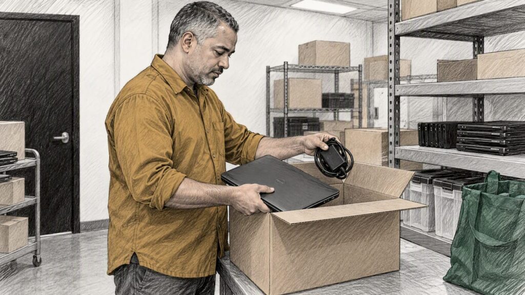 Technician packs leased laptop and accessories
