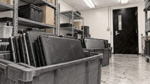 Retired school laptops awaiting recycling pickup