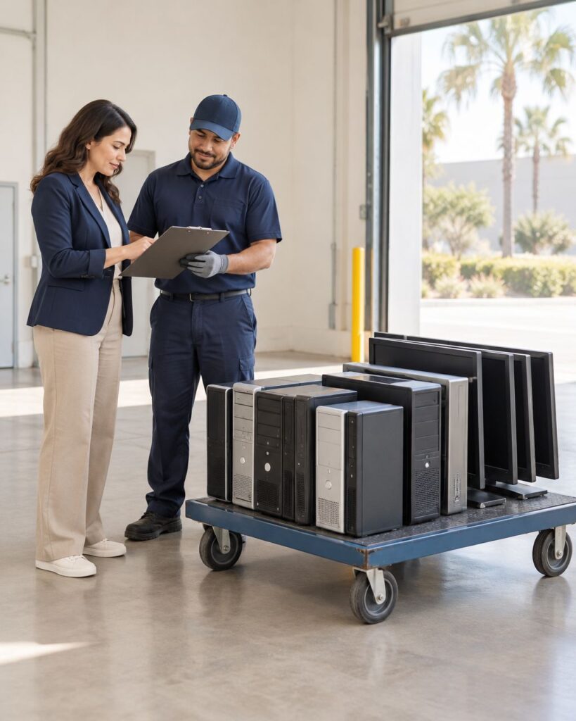 Property manager and collection worker reviewing retired office computers before pickup